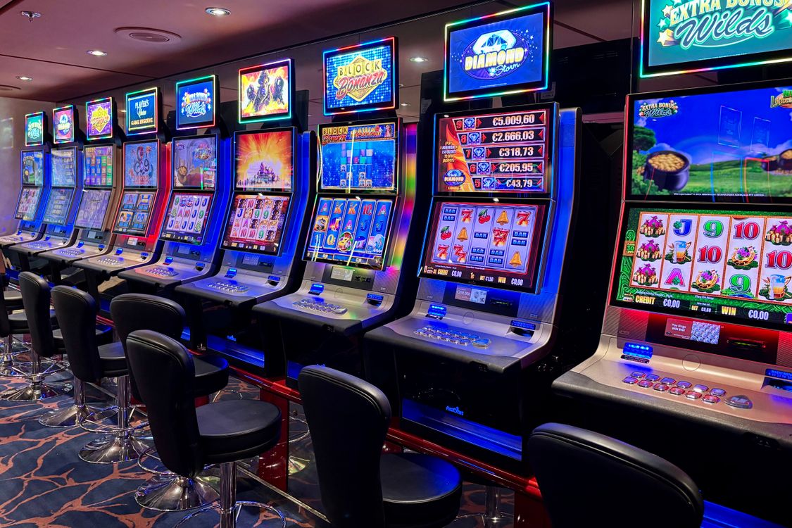 Colorful slot machines in a casino hall
